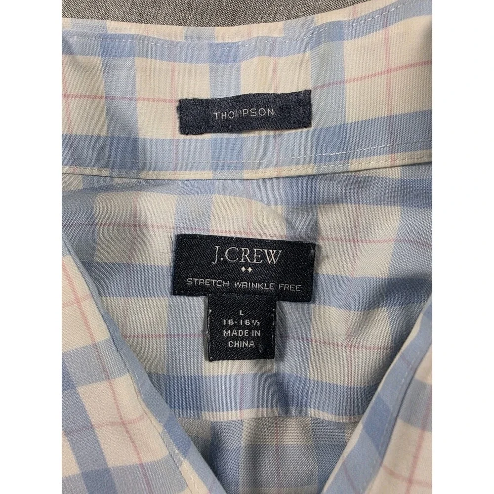 J Crew Thompson Shirt Mens Large‎ 16-16.5 Blue White Plaid Stretch Wrinkle Free